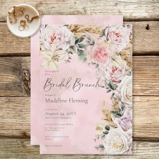 Romantische Boho Roze Rozen & Pampas Bruidsbrunch Kaart