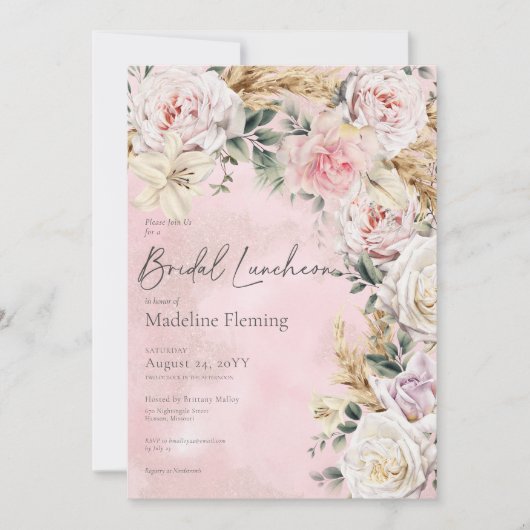 Romantische Boho Roze Rozen & Pampas Bruidslunch Kaart (Voorkant)