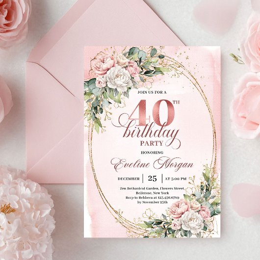 Romantische Boho Stof Roze Bloemen 40e Verjaardag Kaart
