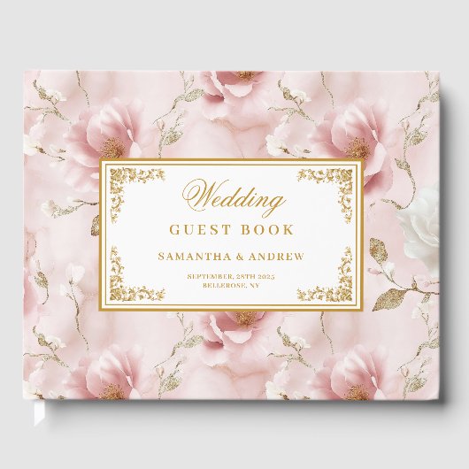 Romantische boho stoffige roze gouden bruiloft gas gastenboek (Voorkant)