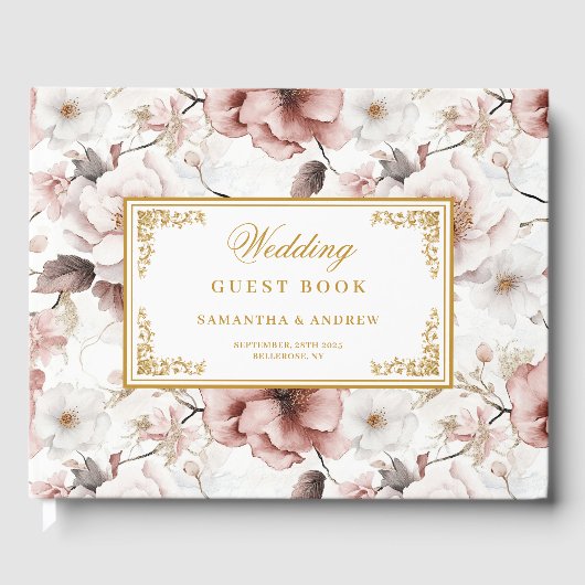 Romantische boho stoffige roze gouden bruiloft gas gastenboek (Voorkant)