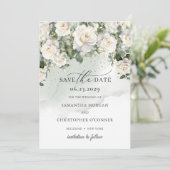 Romantische boho witte rozen en groen blad save the date (Staand voorkant)