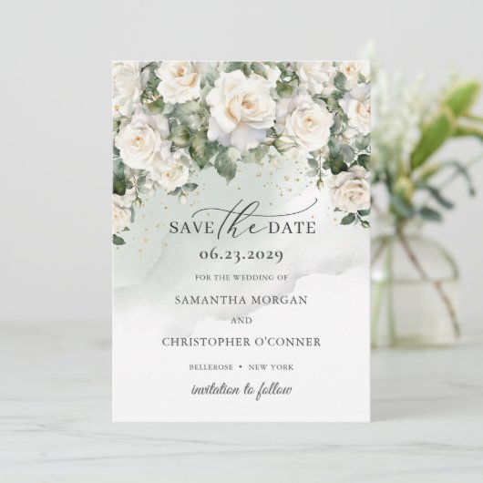 Romantische boho witte rozen en groen blad save the date (Staand voorkant)