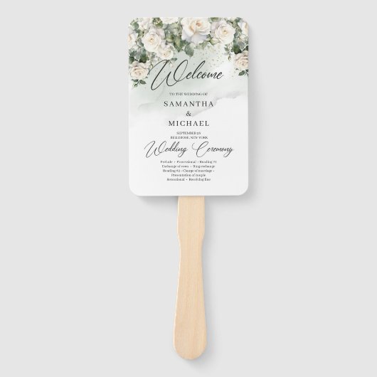 Romantische boho witte rozen en groen bruiloft handwaaier (Voorkant)