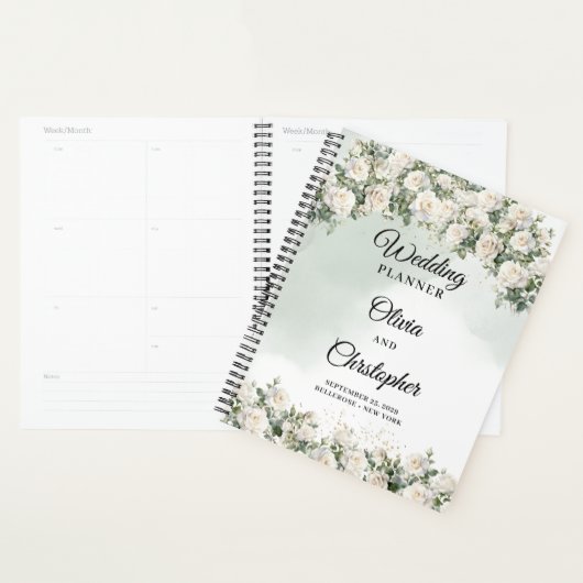 Romantische boho witte rozen en groen bruiloft planner (Display)