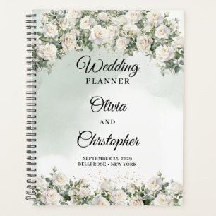 Romantische boho witte rozen en groen bruiloft planner