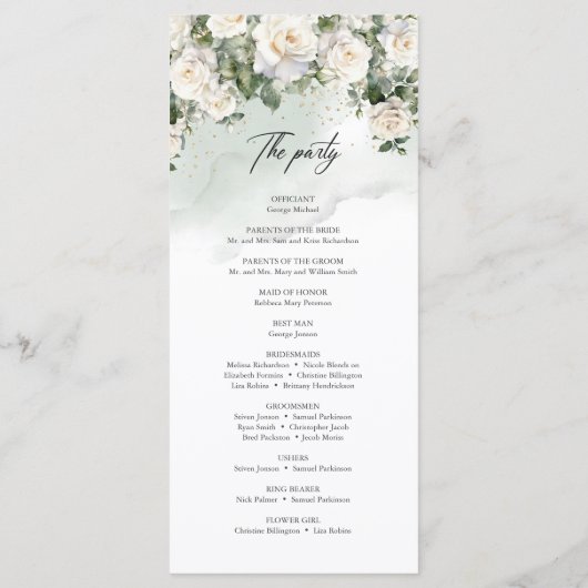 Romantische boho witte rozen en groen bruiloft programmakaart (Achterkant)