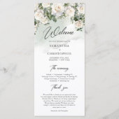 Romantische boho witte rozen en groen bruiloft programmakaart (Voorkant)