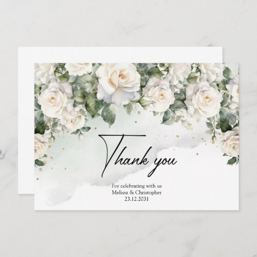 Romantische boho witte rozen en groen & goud bedankkaart (Voorkant / Achterkant)