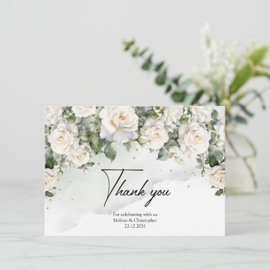 Romantische boho witte rozen en groen & goud bedankkaart (Staand voorkant)