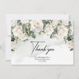 Romantische boho witte rozen en groen & goud bedankkaart