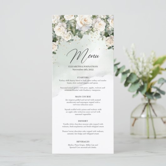 Romantische boho witte rozen en groen gouden diner menu (Staand voorkant)
