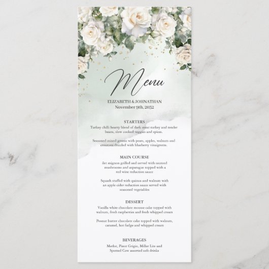 Romantische boho witte rozen en groen gouden diner menu (Voorkant)