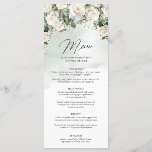 Romantische boho witte rozen en groen gouden diner menu