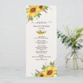 Romantische Boho Zonnebloemen Bruiloft Menu Kaart (Staand voorkant)