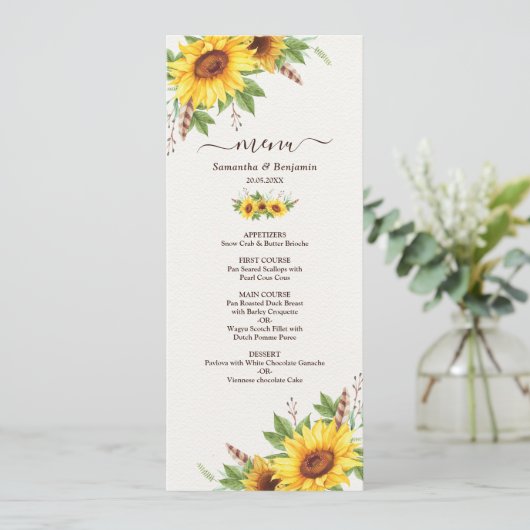 Romantische Boho Zonnebloemen Bruiloft Menu Kaart (Staand voorkant)