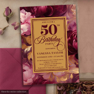Romantische bordeaux blush gouden rozen 50e verjaa kaart