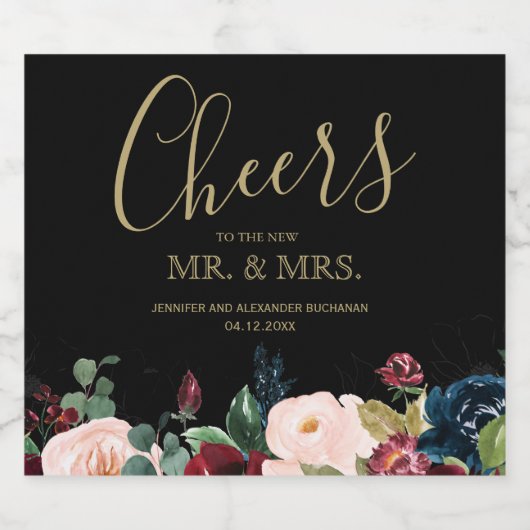 Romantische bordeaux, roze, blauw en zwart spranke sparkling wijnetiket (Enkel label)