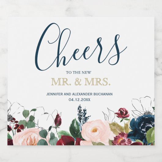 Romantische bordeaux, roze, blauw en zwart spranke sparkling wijnetiket (Enkel label)