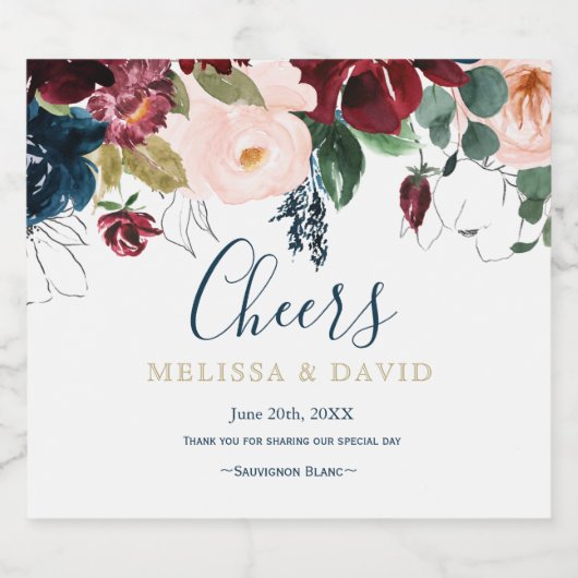 Romantische bordeaux, roze, blauw en zwart spranke sparkling wijnetiket (Enkel label)