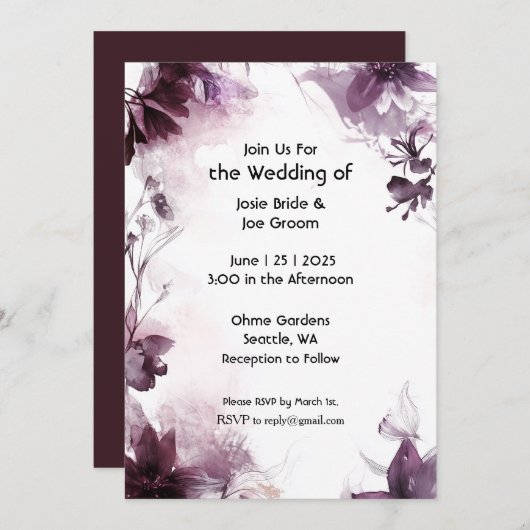 Romantische bordeaux wilde bloem bruiloft uitnodig kaart (Voorkant / Achterkant)