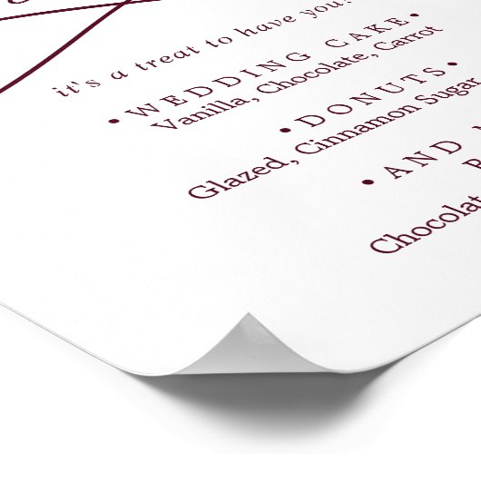 Romantische bordeauxkleurige tekst trouw desserts poster (Hoek)