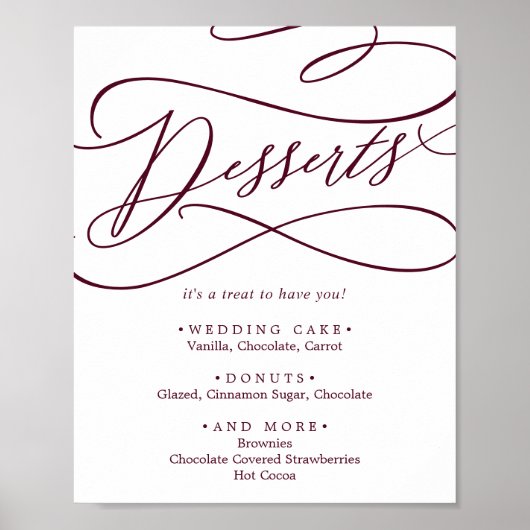 Romantische bordeauxkleurige tekst trouw desserts poster (Voorkant)