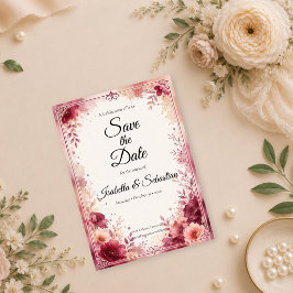Romantische bordeauxrode bloemenhuwelijk save the date