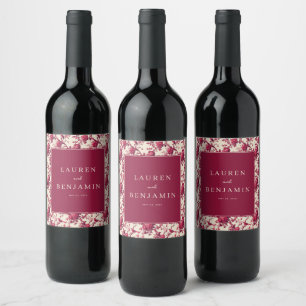 Romantische bordeauxrode bloemrozen wijn etiket