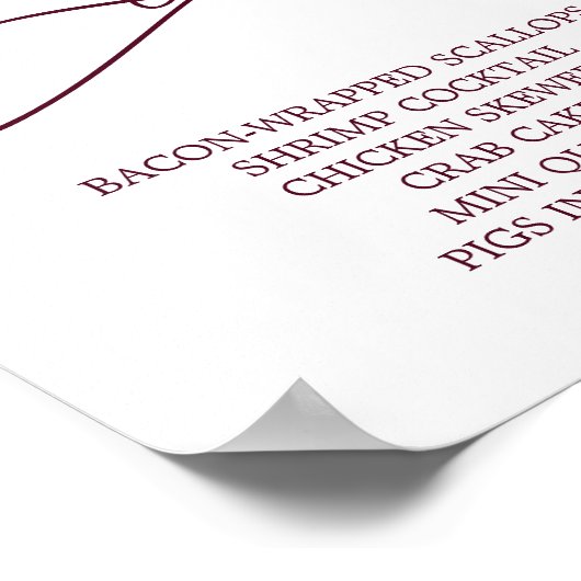 Romantische bordeauxrode tekst bruiloft hapjes poster (Hoek)