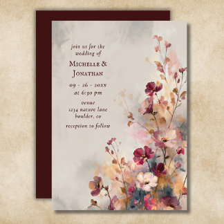 Romantische bordeauxrood aquarel wilde bloemen bru kaart