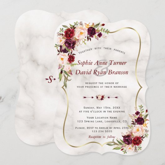 Romantische bordeauxroze bloemen marmeren bruiloft kaart (Voorkant / Achterkant)