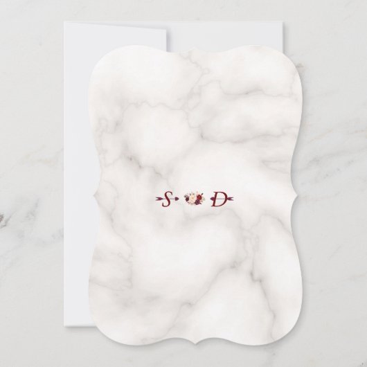 Romantische bordeauxroze bloemen marmeren bruiloft kaart (Achterkant)