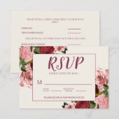 Romantische bordeauxroze roze bloemen bruiloft RSVP kaartje (Voorkant / Achterkant)