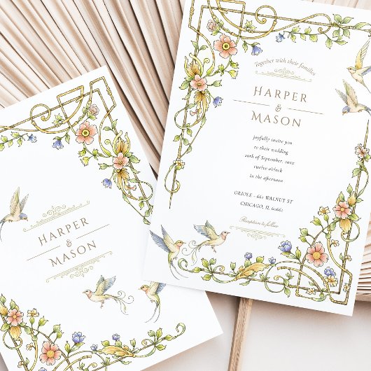 Romantische Botanische Bloemen & Vogelbruiloft Kaart
