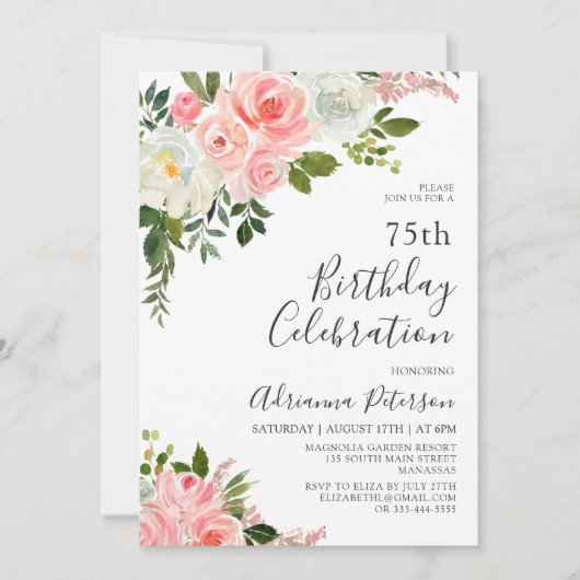 Romantische Botanische Blush Roos Bloem 75ste Verj Kaart (Voorkant)