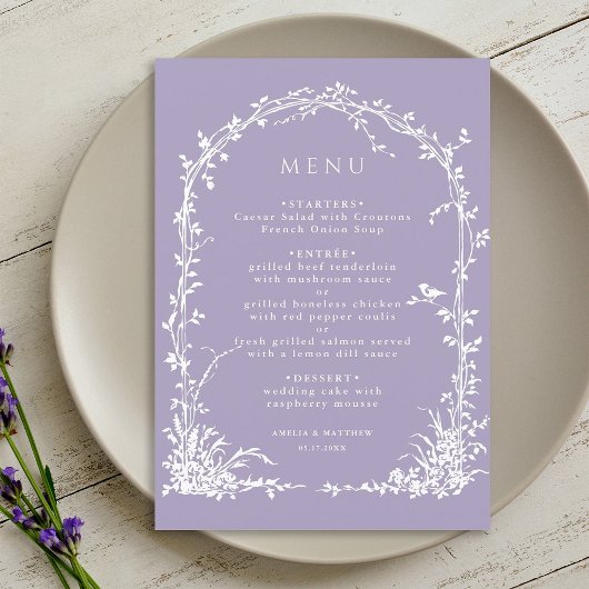 Romantische Botanische Boogtuin Lavendel Bruiloft Menu