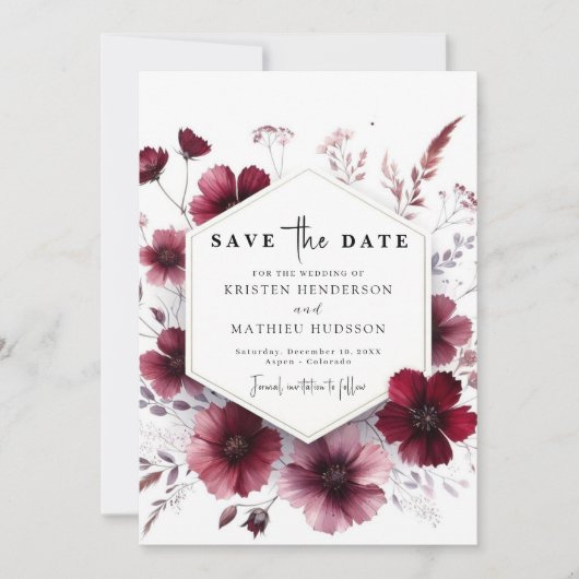 Romantische botanische Bourgondische bruiloft Save The Date (Voorkant)