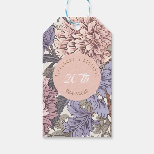 Romantische botanische stijlvolle verjaardagsfeest cadeaulabel (Voorkant)