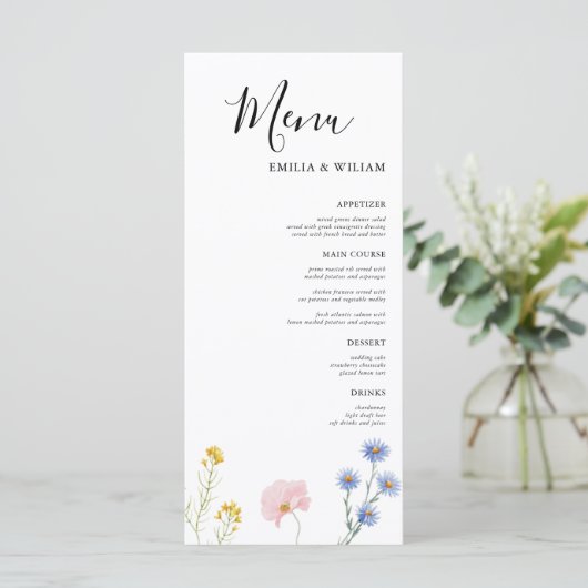 Romantische Botanische Wildflower Wedding Menu Kaa (Staand voorkant)