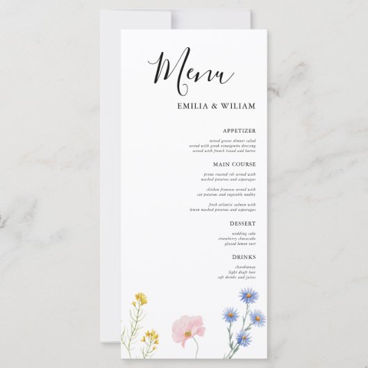 Romantische Botanische Wildflower Wedding Menu Kaa (Voorkant)