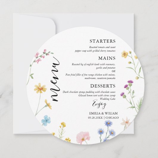 Romantische Botanische Wildflower Wedding Menu Kaa (Voorkant)