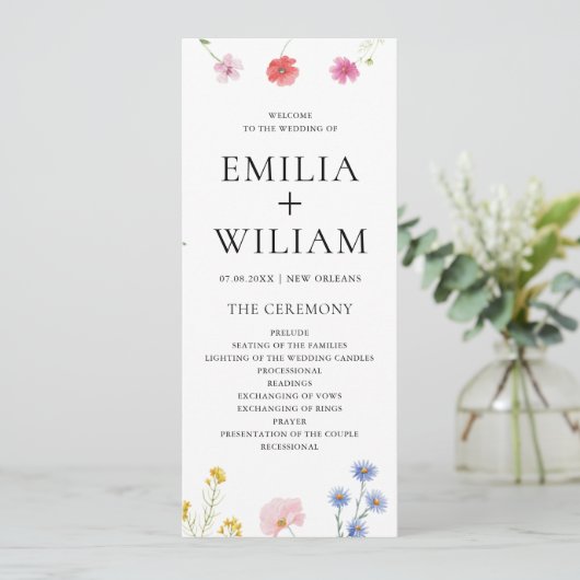 Romantische Botanische Wildflower Wedding Program  (Staand voorkant)