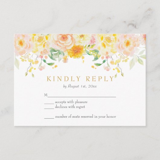 Romantische Boter Geel Bloemen Huwelijk RSVP Kaart (Voorkant)