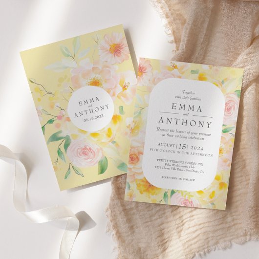 Romantische Boter Geel Bloemen Waterverf bruiloft Kaart