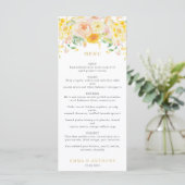 Romantische Boter Geel Bloemen Waterverf bruiloft Menu (Staand voorkant)