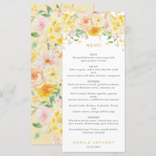 Romantische Boter Geel Bloemen Waterverf bruiloft Menu