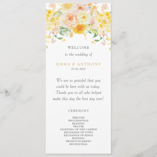 Romantische Boter Geel Bloemen Waterverf bruiloft Programmakaart (Voorkant)