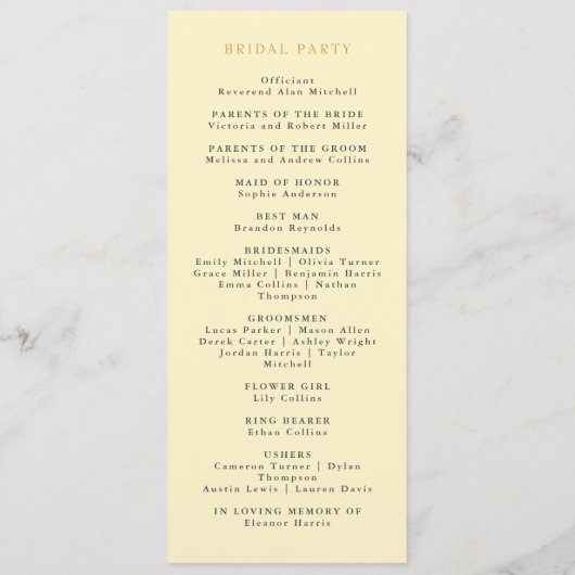 Romantische Boter Geel Bloemen Waterverf bruiloft Programmakaart (Achterkant)