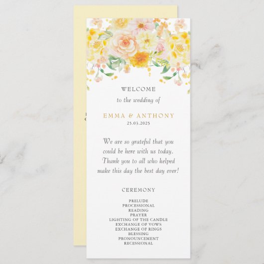 Romantische Boter Geel Bloemen Waterverf bruiloft Programmakaart (Voorkant / Achterkant)